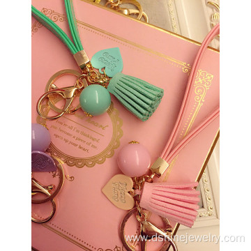 Handmade Leather Tassel Keychain With Candy Ball Charms